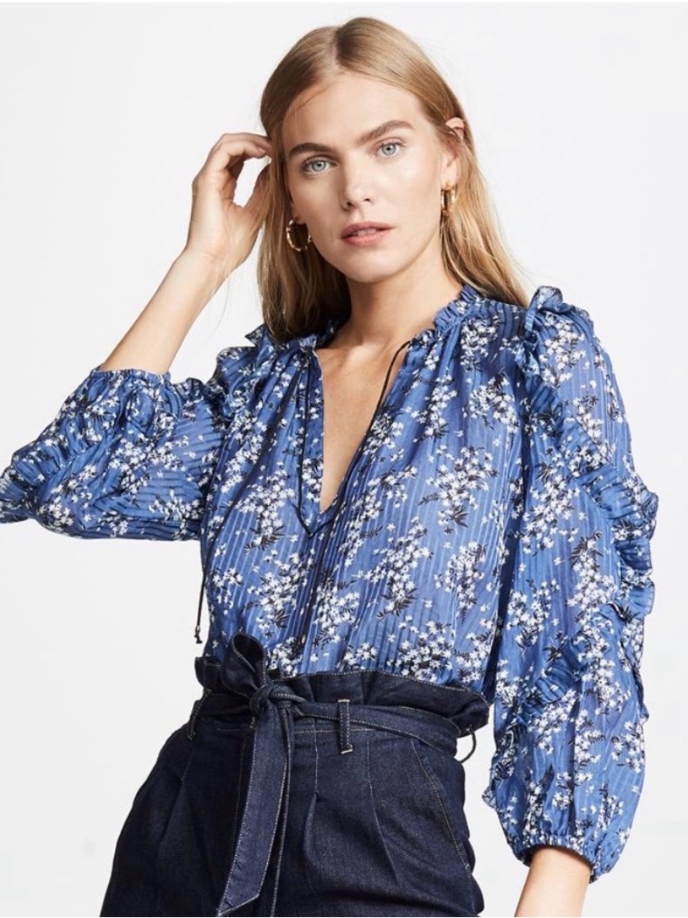 Ulla Johnson Manet Blouse Top Blue White floral long sleeve tie cotton silk 10